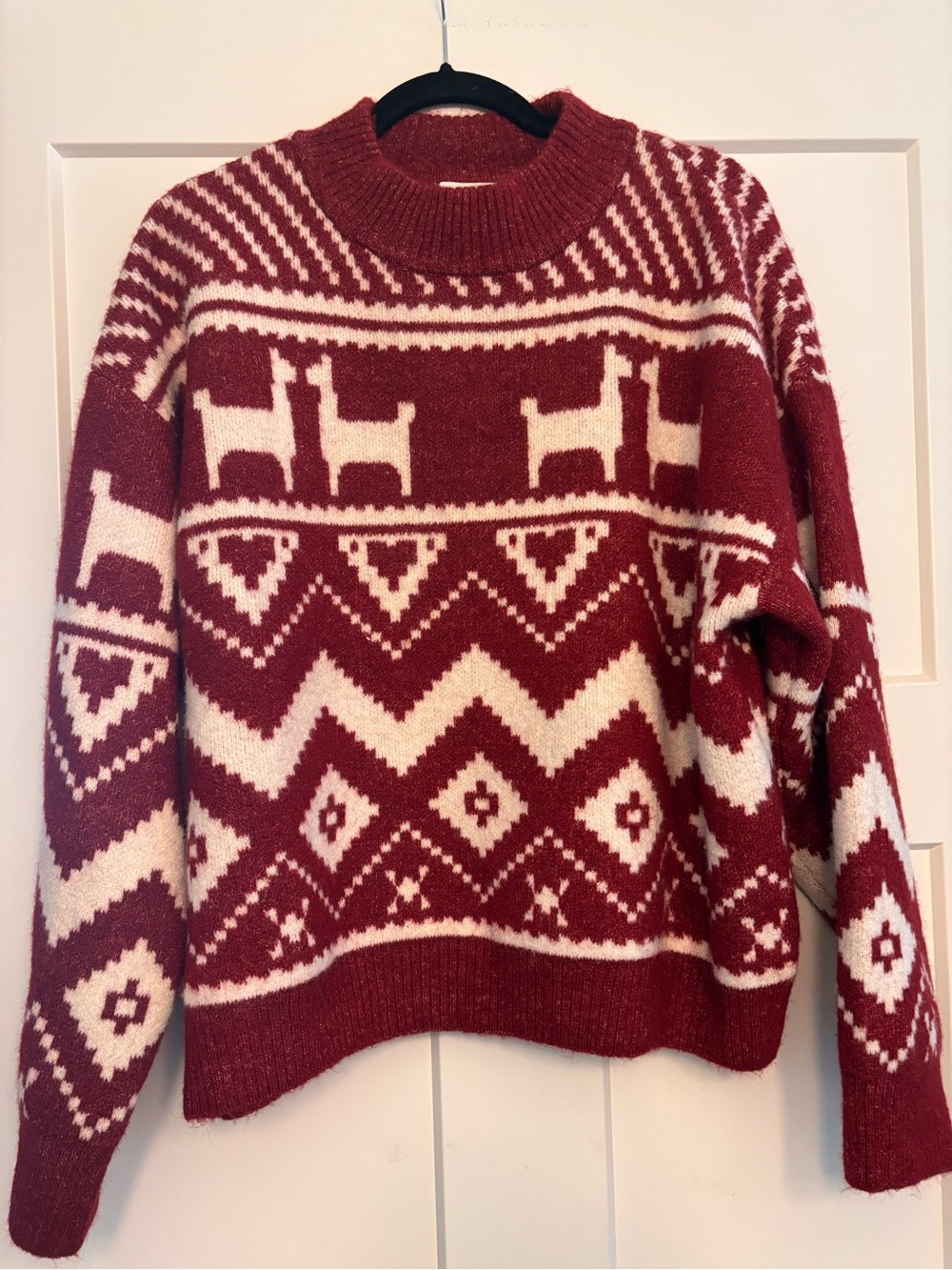 H&M Red and Cream Fair Isle Crewneck Sweater with Llama Motif Size M